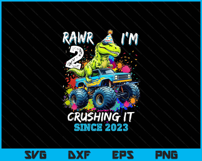 2nd Birthday Monster Truck Dinosaur Party Boys Rawr I'm 2 SVG PNG Digital Printable Files