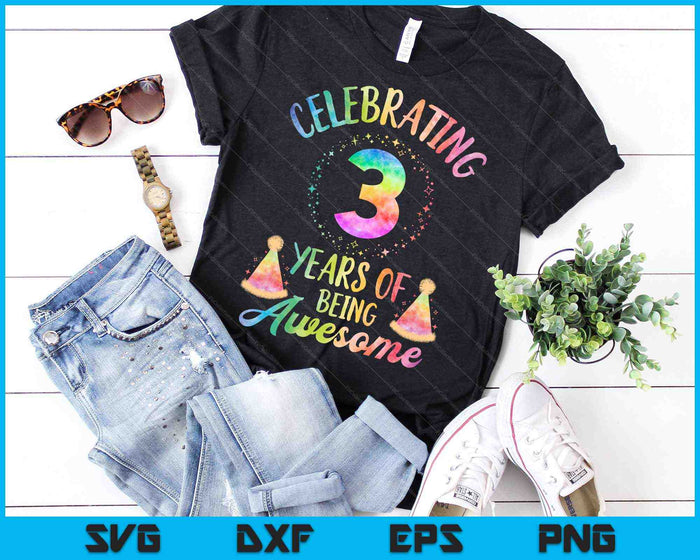 3 años de ser impresionante 3er cumpleaños Tie Dye SVG PNG cortando archivos imprimibles