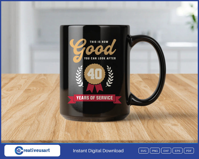 40 Years Of Service Work Anniversary SVG design on a black coffee mug