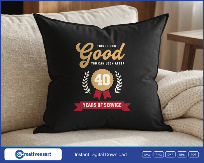 40 Years Of Service Work Anniversary SVG design on a black throw pillow