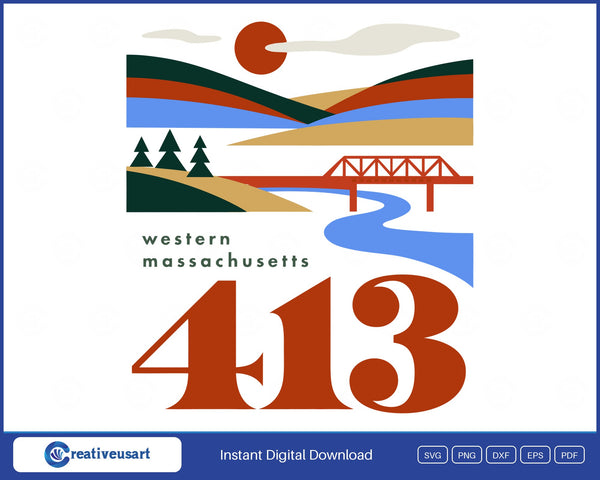 413 area code western Massachusetts travel poster SVG design with hills, river and bridge on a white background