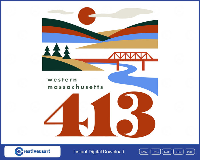 413 area code western Massachusetts travel poster SVG design with hills, river and bridge on a white background