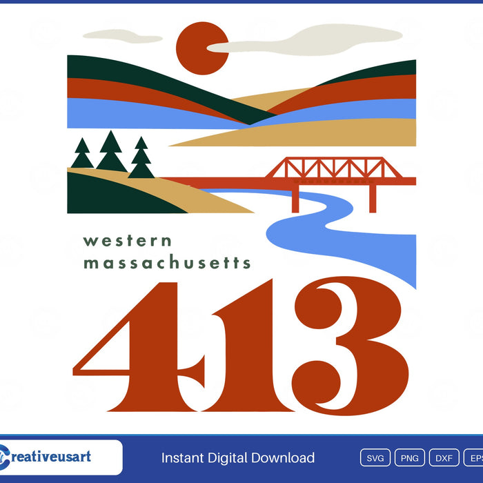 413 area code western Massachusetts travel poster SVG design with hills, river and bridge on a white background