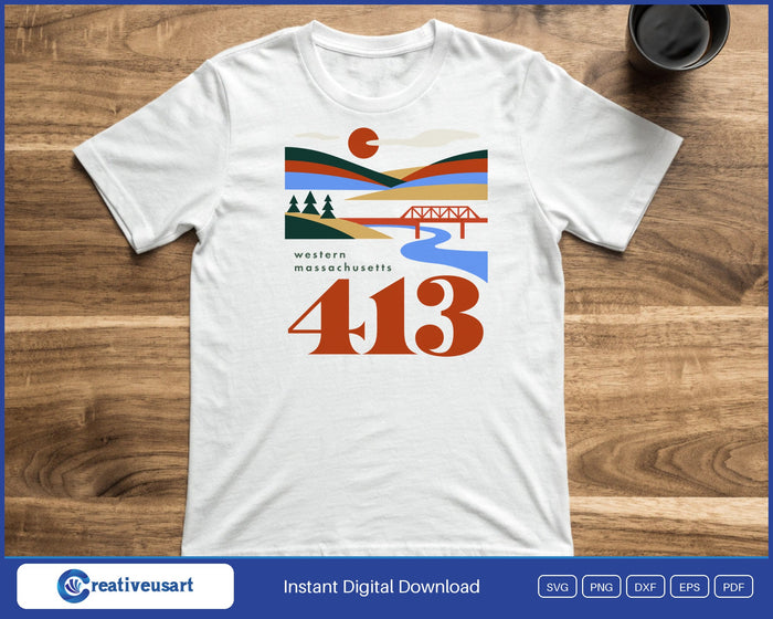413 area code western Massachusetts travel poster SVG printed on a white t-shirt