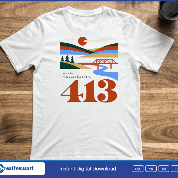 Mountains, pine trees and a red bridge over a river above the words Western Massachusetts 413, on a white t-shirt