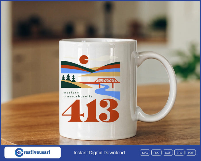 413 area code western Massachusetts travel poster SVG design on a white coffee mug