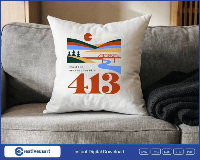 413 area code western Massachusetts travel poster SVG design on a white throw pillow