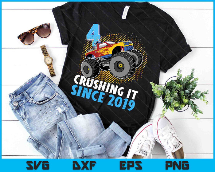 4 Crushing It Since 2019 Monster Truck 4th Birthday SVG PNG Digital Cutting Files