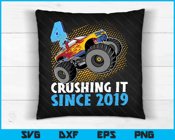 4 Crushing It Since 2019 Monster Truck 4th Birthday SVG PNG Digital Cutting Files