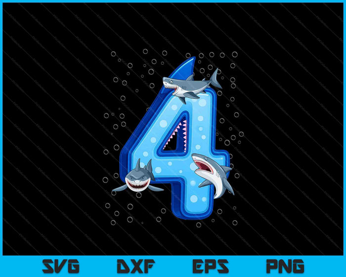 4th Birthday Boys Shark 4 years Old Ocean Shark B-day SVG PNG Digital Printable Files