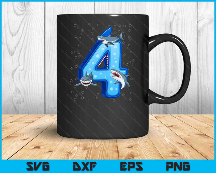4th Birthday Boys Shark 4 years Old Ocean Shark B-day SVG PNG Digital Printable Files