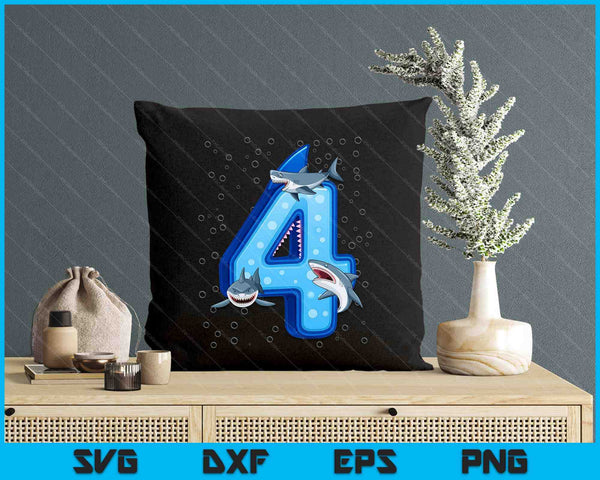 4th Birthday Boys Shark 4 years Old Ocean Shark B-day SVG PNG Digital Printable Files