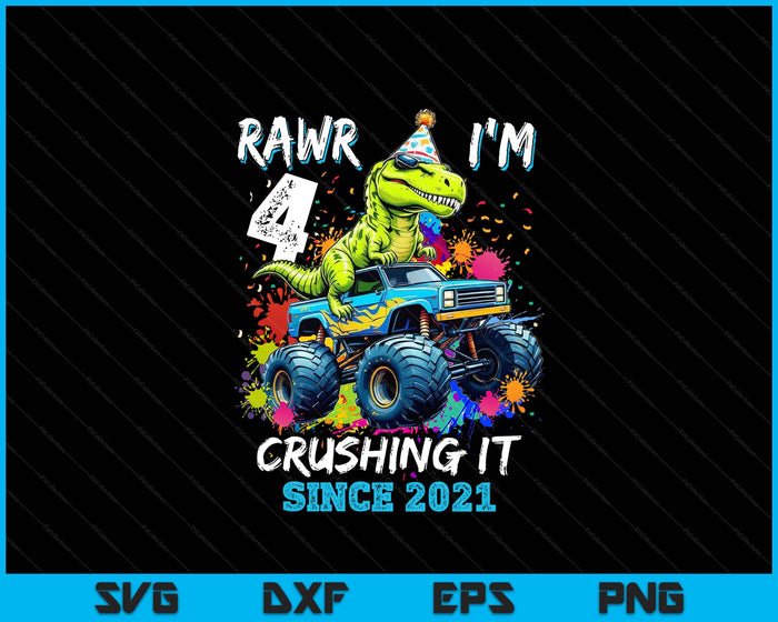 4th Birthday Monster Truck Dinosaur Party Boys Rawr I'm 4 SVG PNG Digital Printable Files