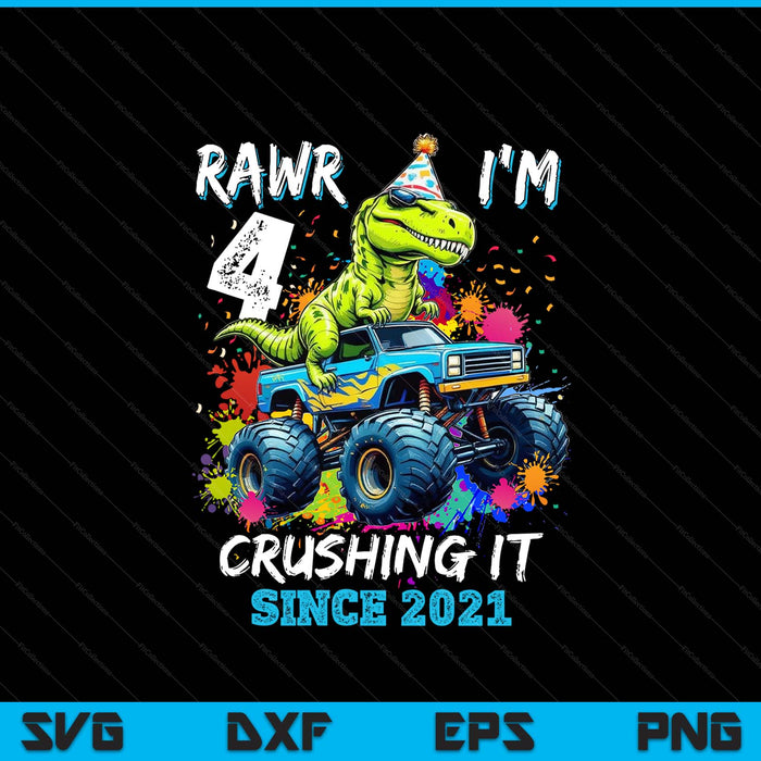 4th Birthday Monster Truck Dinosaur Party Boys Rawr I'm 4 SVG PNG Digital Printable Files