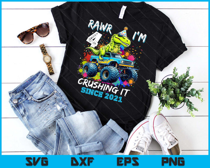 4th Birthday Monster Truck Dinosaur Party Boys Rawr I'm 4 SVG PNG Digital Printable Files