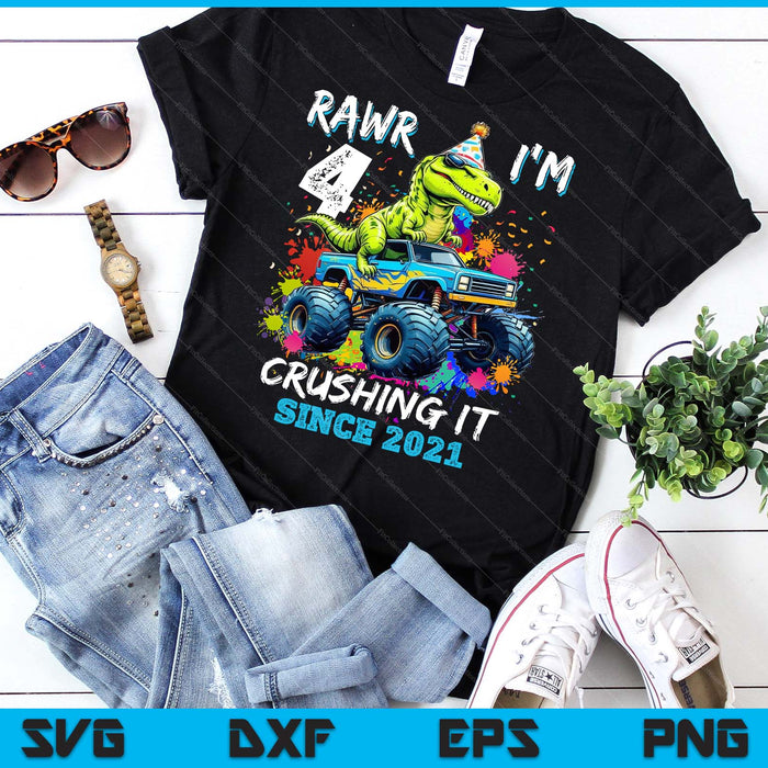 4th Birthday Monster Truck Dinosaur Party Boys Rawr I'm 4 SVG PNG Digital Printable Files