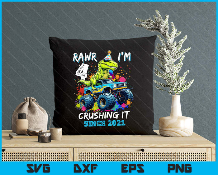 4th Birthday Monster Truck Dinosaur Party Boys Rawr I'm 4 SVG PNG Digital Printable Files