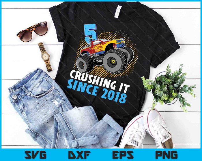 5 Crushing It Since 2018 Monster Truck 5th Birthday SVG PNG Digital Cutting Files