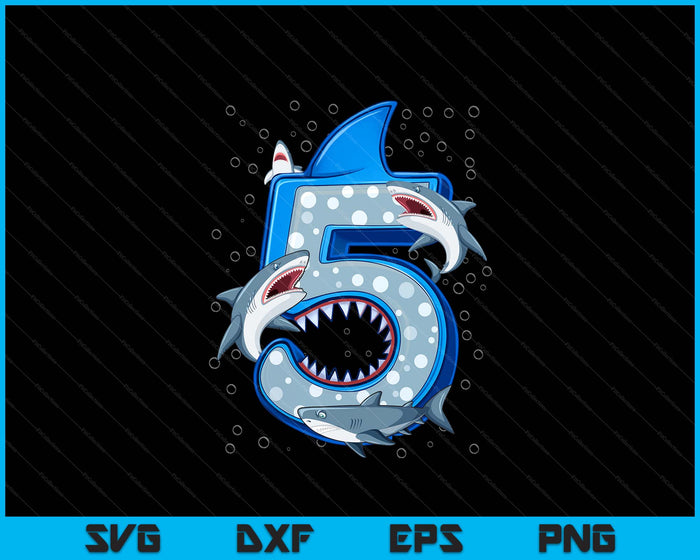 5th Birthday Boys Shark 5 years Old Ocean Shark B-day SVG PNG Digital Printable Files