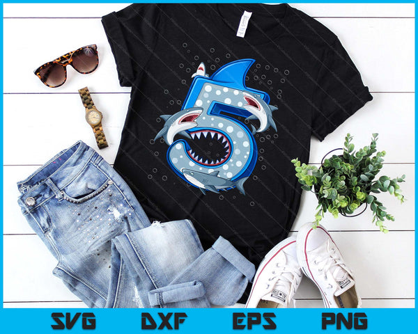 5th Birthday Boys Shark 5 years Old Ocean Shark B-day SVG PNG Digital Printable Files