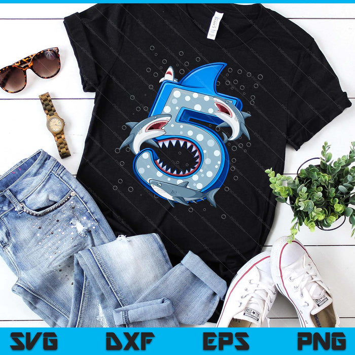 5th Birthday Boys Shark 5 years Old Ocean Shark B-day SVG PNG Digital Printable Files