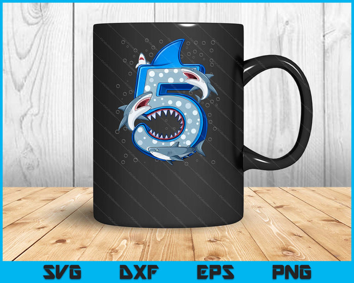 5th Birthday Boys Shark 5 years Old Ocean Shark B-day SVG PNG Digital Printable Files