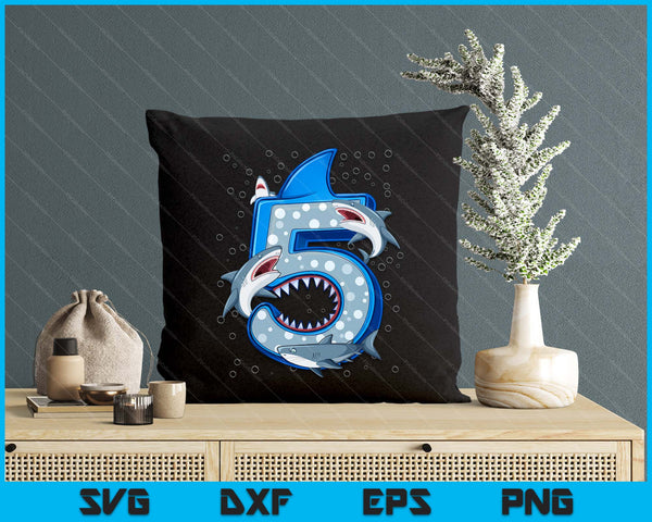 5th Birthday Boys Shark 5 years Old Ocean Shark B-day SVG PNG Digital Printable Files