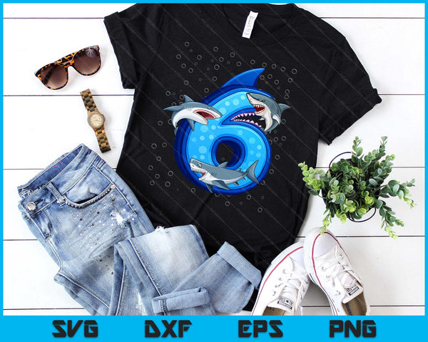 6th Birthday Boys Shark 5 years Old Ocean Shark B-day SVG PNG Digital Printable Files