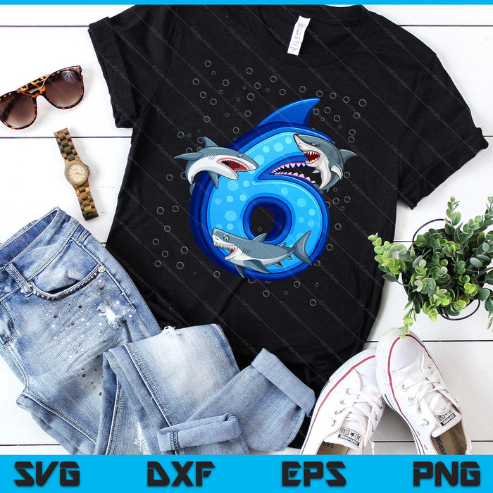 6th Birthday Boys Shark 5 years Old Ocean Shark B-day SVG PNG Digital Printable Files