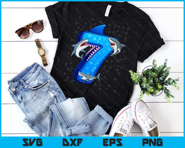 7th Birthday Boys Shark 7 years Old Ocean Shark B-day SVG PNG Digital Printable Files