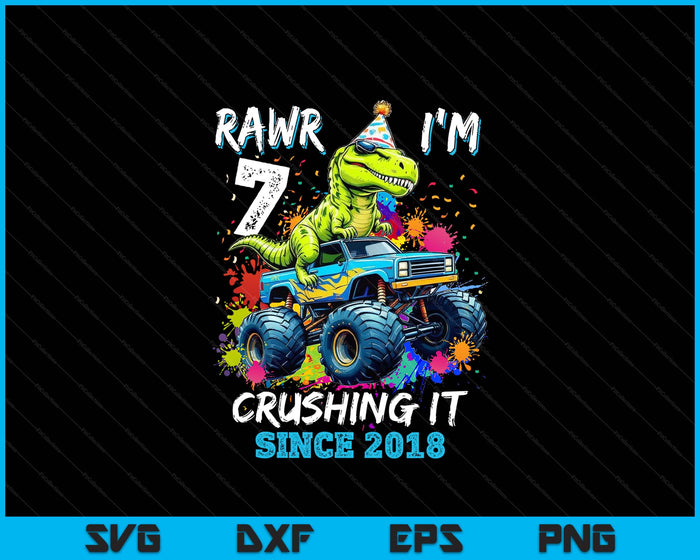 7th Birthday Monster Truck Dinosaur Party Boys Rawr I'm 7 SVG PNG Digital Printable Files