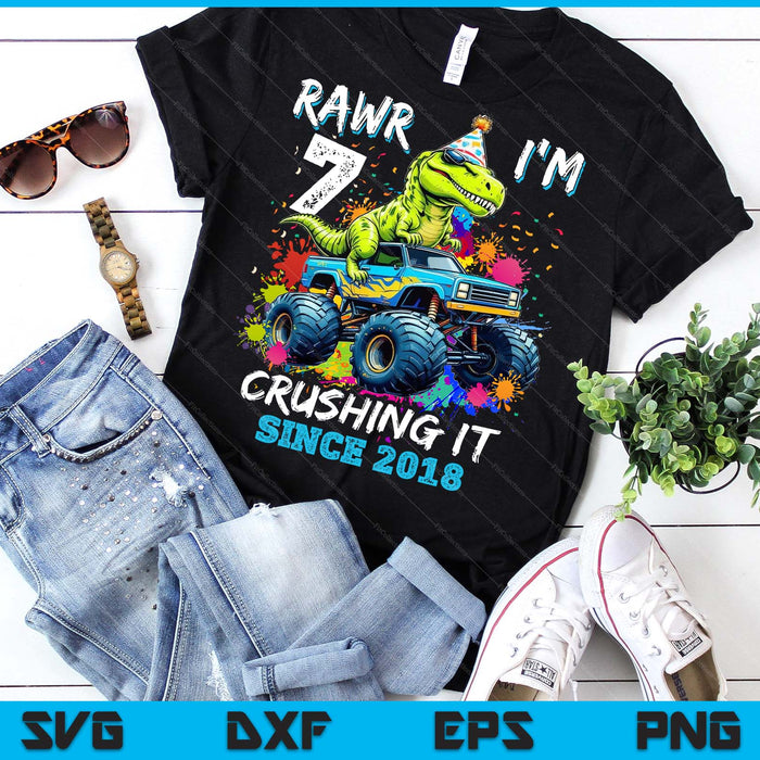 7th Birthday Monster Truck Dinosaur Party Boys Rawr I'm 7 SVG PNG Digital Printable Files
