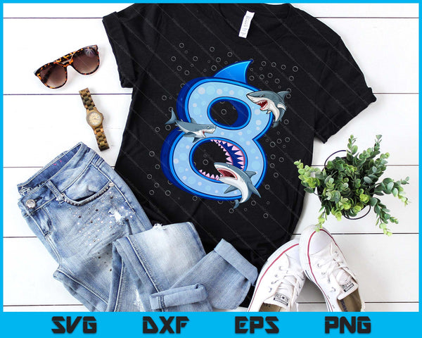 8th Birthday Boys Shark 8 years Old Ocean Shark B-day SVG PNG Digital Printable Files