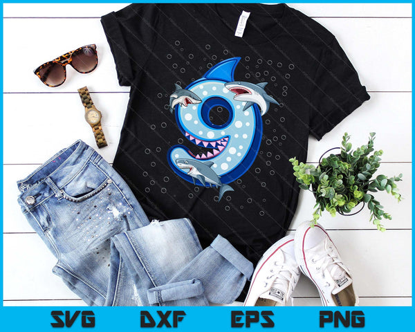 9th Birthday Boys Shark 9 years Old Ocean Shark B-day SVG PNG Digital Printable Files