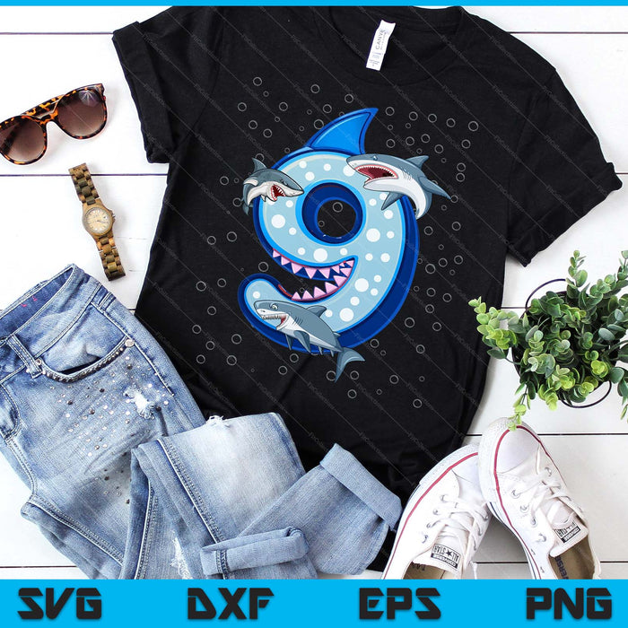 9th Birthday Boys Shark 9 years Old Ocean Shark B-day SVG PNG Digital Printable Files