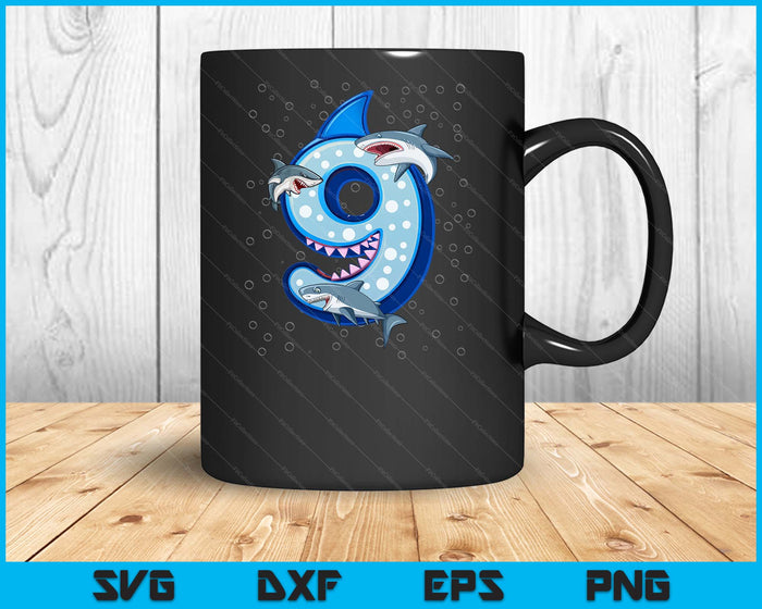 9th Birthday Boys Shark 9 years Old Ocean Shark B-day SVG PNG Digital Printable Files