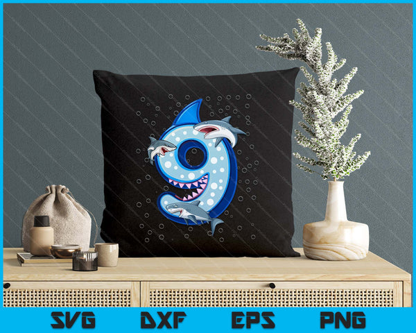 9th Birthday Boys Shark 9 years Old Ocean Shark B-day SVG PNG Digital Printable Files
