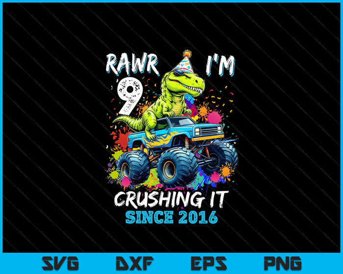 9th Birthday Monster Truck Dinosaur Party Boys Rawr I'm 9 SVG PNG Digital Printable Files