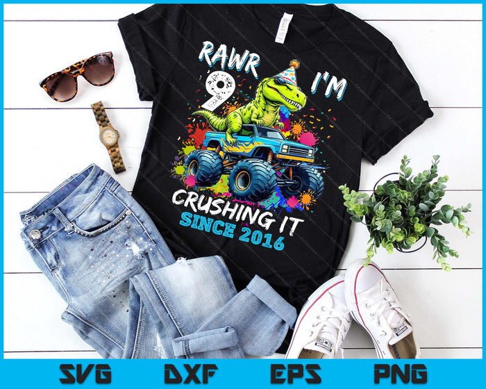 9th Birthday Monster Truck Dinosaur Party Boys Rawr I'm 9 SVG PNG Digital Printable Files