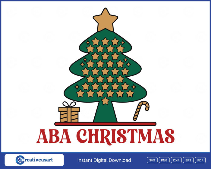 ABA Christmas with a star tree, gift and candy cane SVG design on a white background