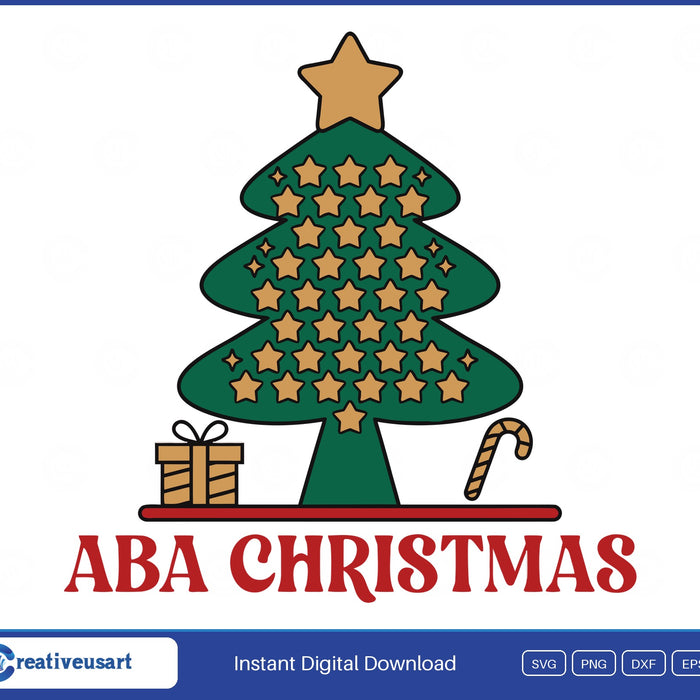 ABA Christmas with a star tree, gift and candy cane SVG design on a white background