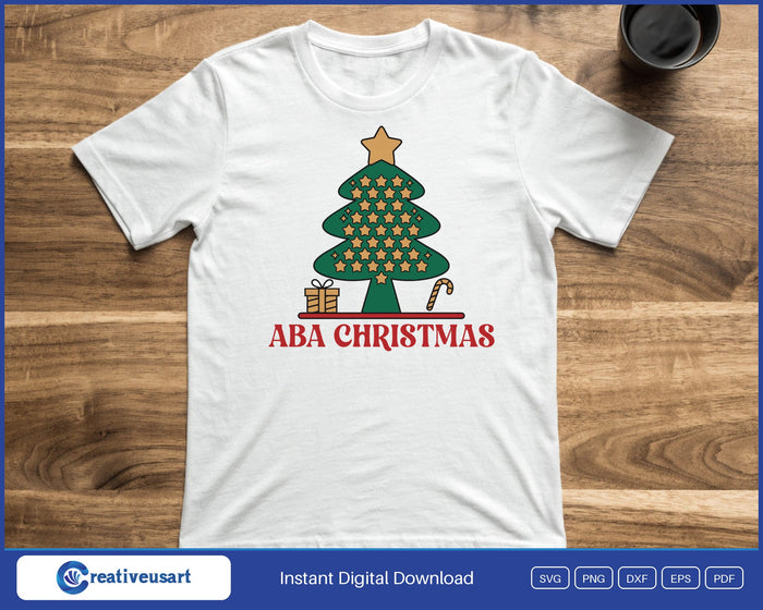 ABA Christmas with a star tree, gift and candy cane SVG printed on a white t-shirt
