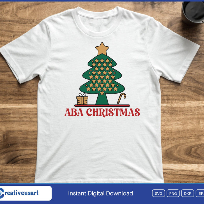 ABA Christmas with a star tree, gift and candy cane SVG printed on a white t-shirt