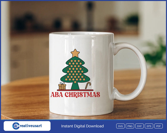 ABA Christmas with a star tree, gift and candy cane SVG design on a white coffee mug