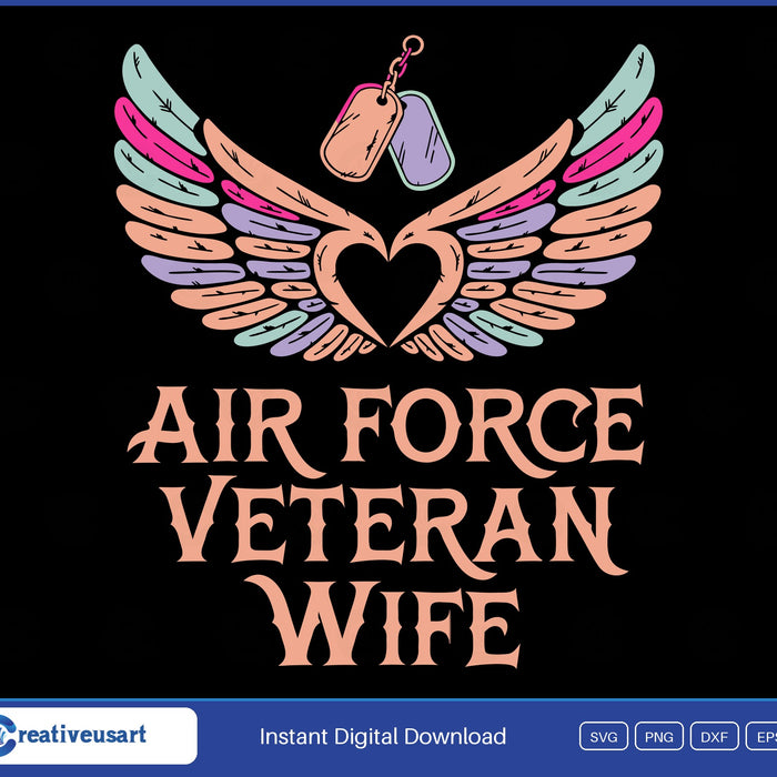 Air Force Veteran Wife Pastel Wings Heart SVG - Air Force Veteran Wife , pastel feathered wings forming a heart with dog tags