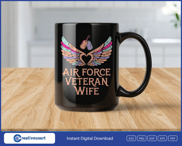 Air Force Veteran Wife with carved wings, a heart and dog tags SVG design on a black coffee mug
