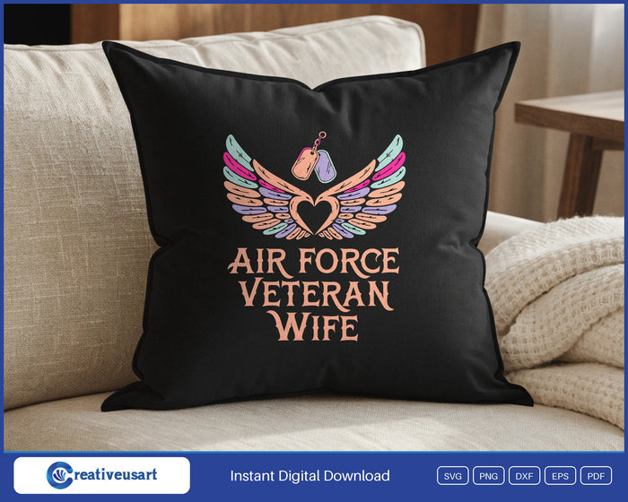 Air Force Veteran Wife with carved wings, a heart and dog tags SVG design on a black throw pillow