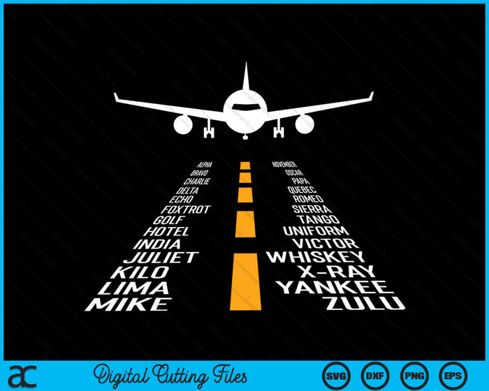 Vliegtuigpiloot luchthaven start-en landingsbaan fonetisch alfabet vliegtuig SVG PNG digitale snijbestanden