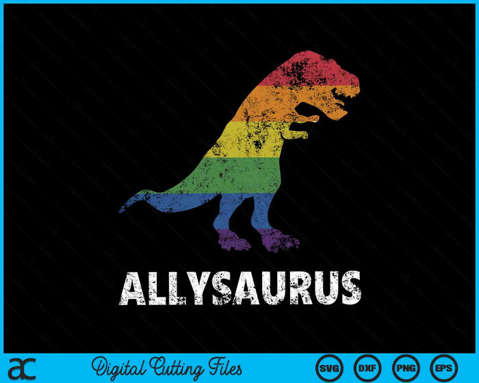 Allosaurus dinosaurus in regenboogvlag voor Ally LGBT Pride SVG PNG snijden afdrukbare bestanden