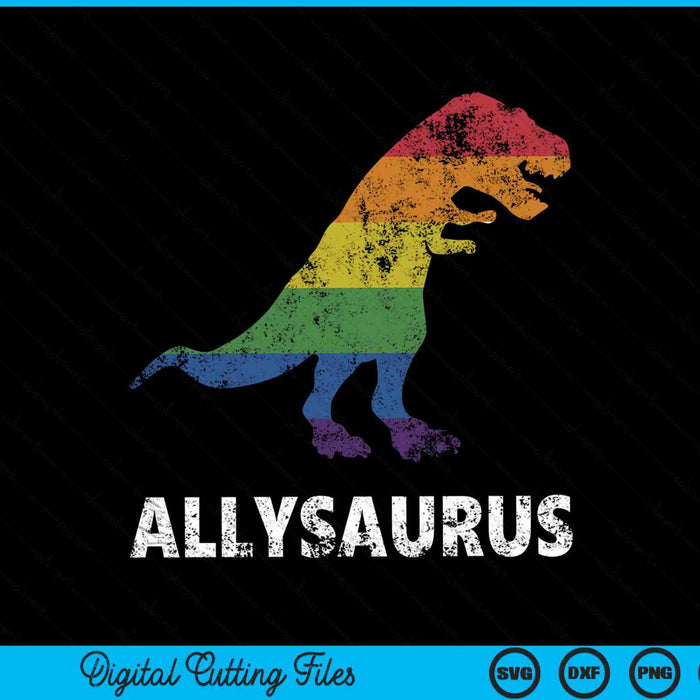 Dinosaurio Allosaurus en la bandera del arco iris para el orgullo LGBT aliado SVG PNG cortando archivos imprimibles